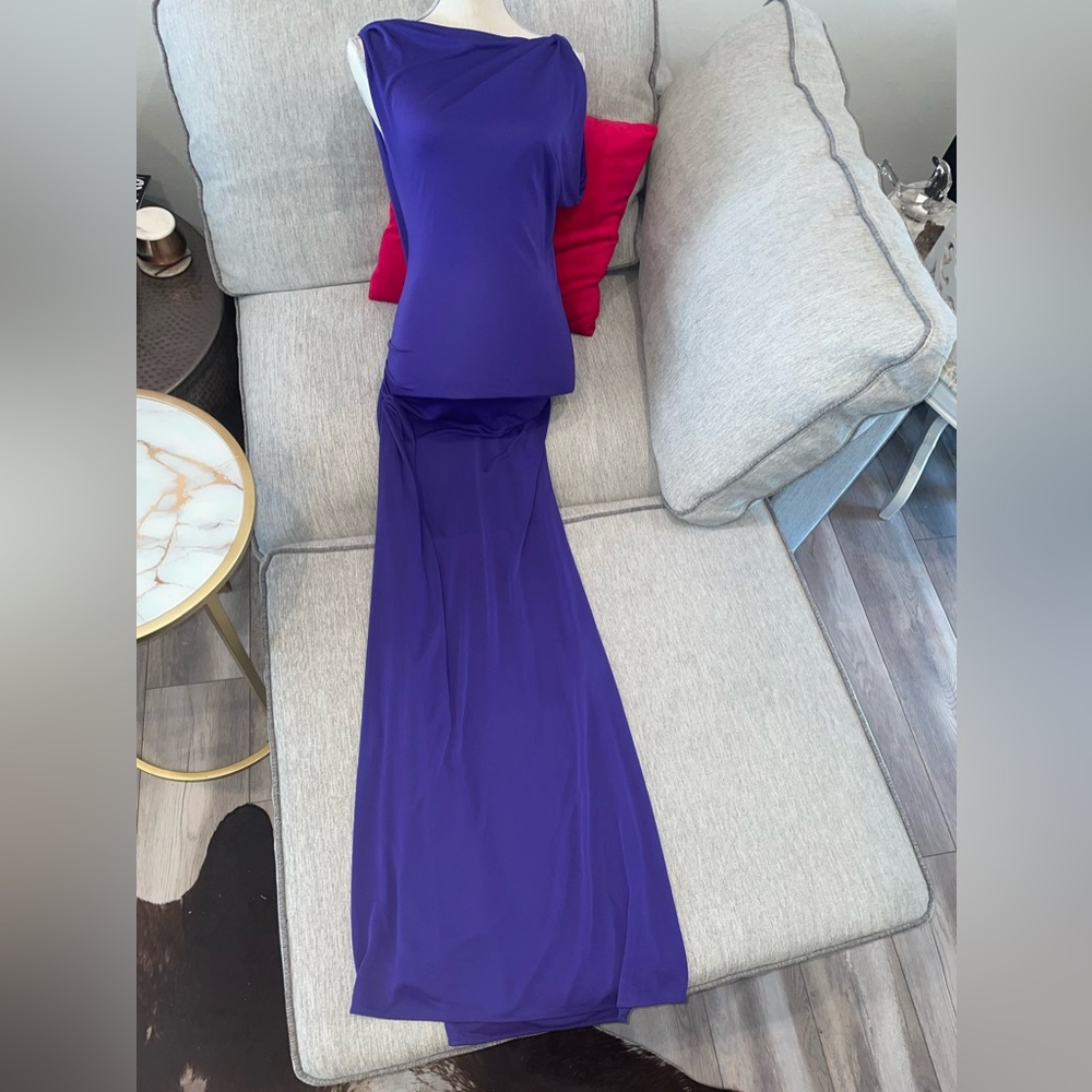Long purple gown gold chain detail comfortable stretchy material